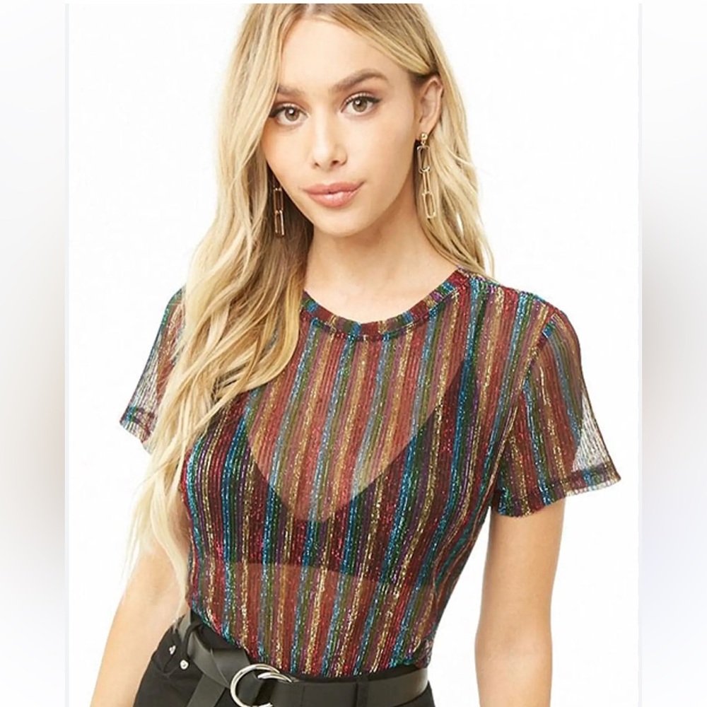 Forever 21 Colorful Striped Sheer Short Sleeve Blouse Size Medium